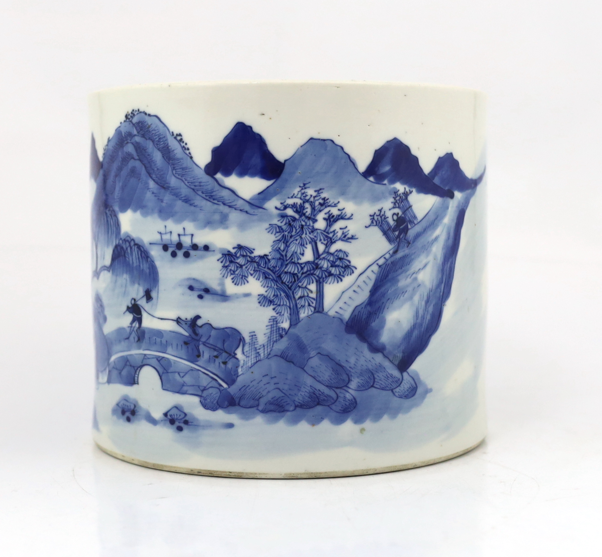 A Chinese blue and white ‘landscape’ cylindrical brushpot, bitong, 19th century